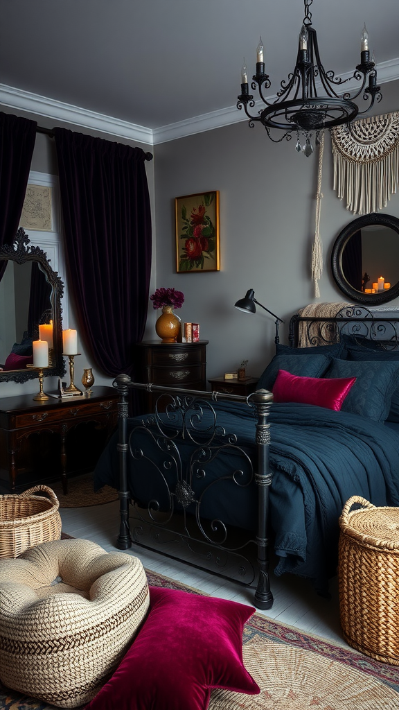 A Gothic Bohemian bedroom featuring deep blue and purple tones, a black metal bed with pink pillows, a chandelier, candles, and textured decor.