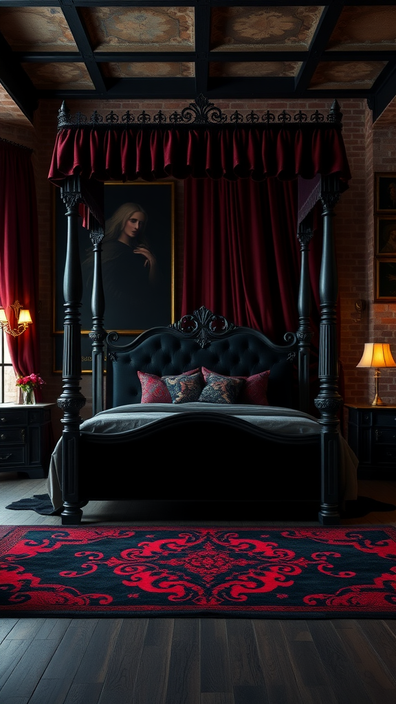 Gothic dark bedroom with a four-poster bed, rich red curtains, and elegant decor.