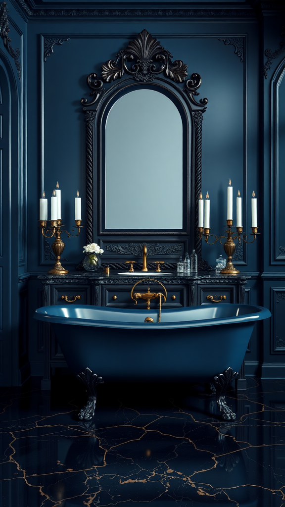 A gothic-inspired dark blue bathroom featuring a clawfoot bathtub, ornate mirror, and golden accents.