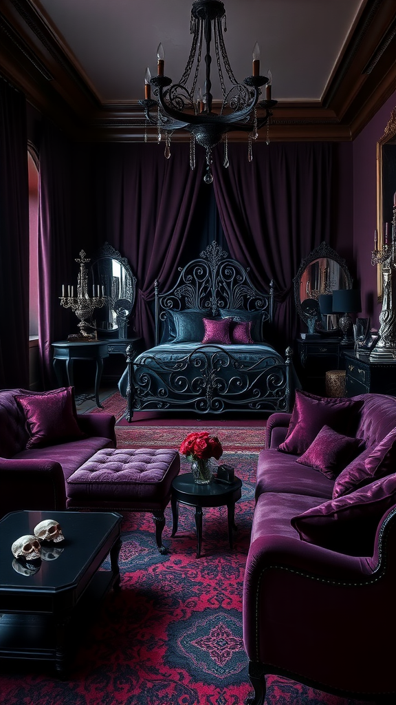 Gothic style living room and bedroom combo featuring deep purple curtains, plush seating, and ornate black bed.