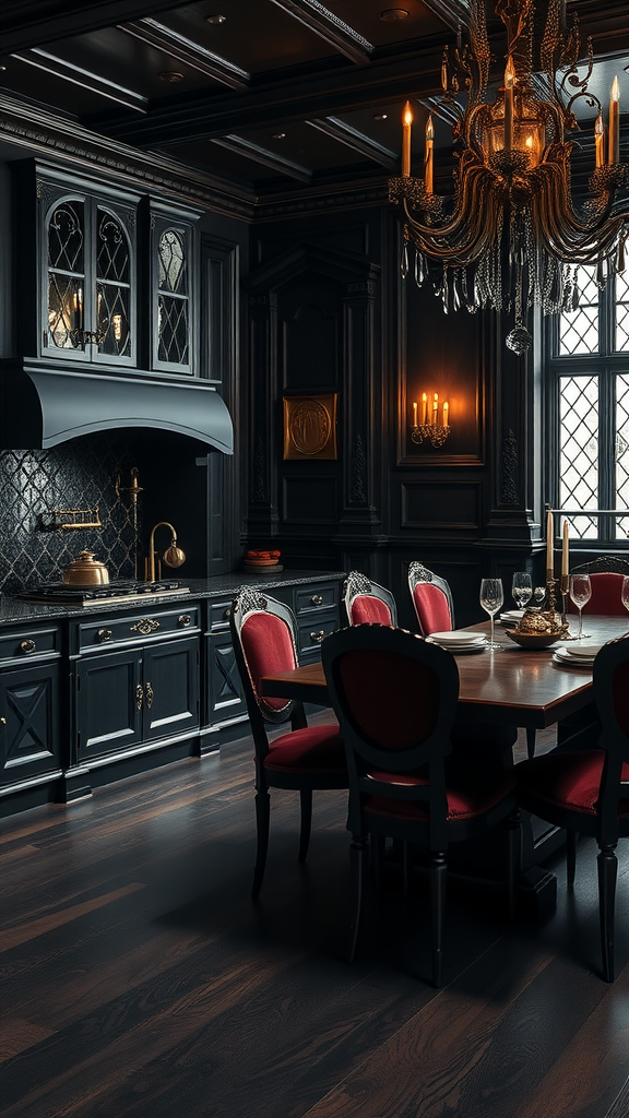 A Gothic Revival kitchen and dining room with dark cabinetry, a chandelier, and elegant dining furniture.