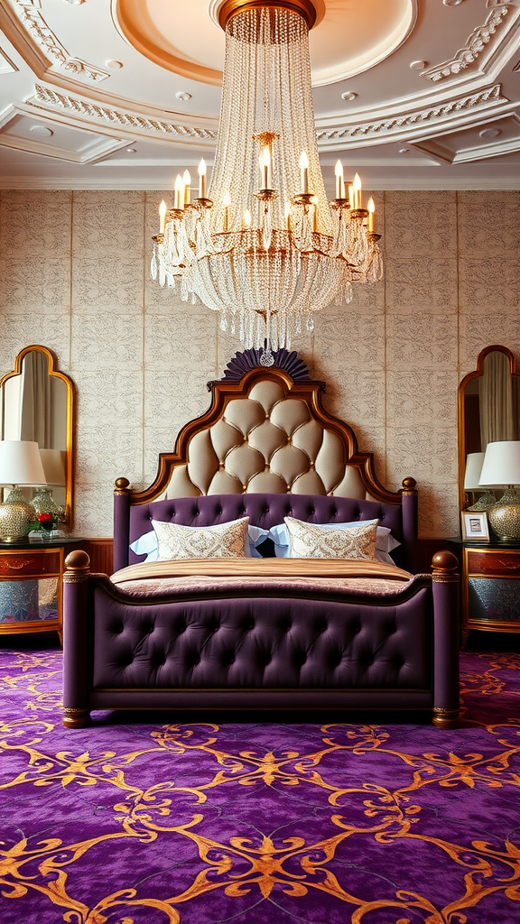 An opulent Art Deco bedroom featuring a crystal chandelier, purple upholstered bed, and ornate carpet.