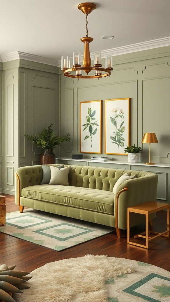 Art Deco living room featuring a green sofa, gold accents, and botanical art.