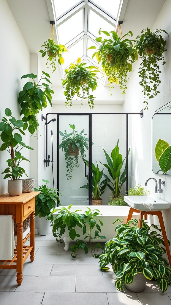 A greenhouse-inspired bathroom featuring hanging plants, a bathtub, and wooden accents.