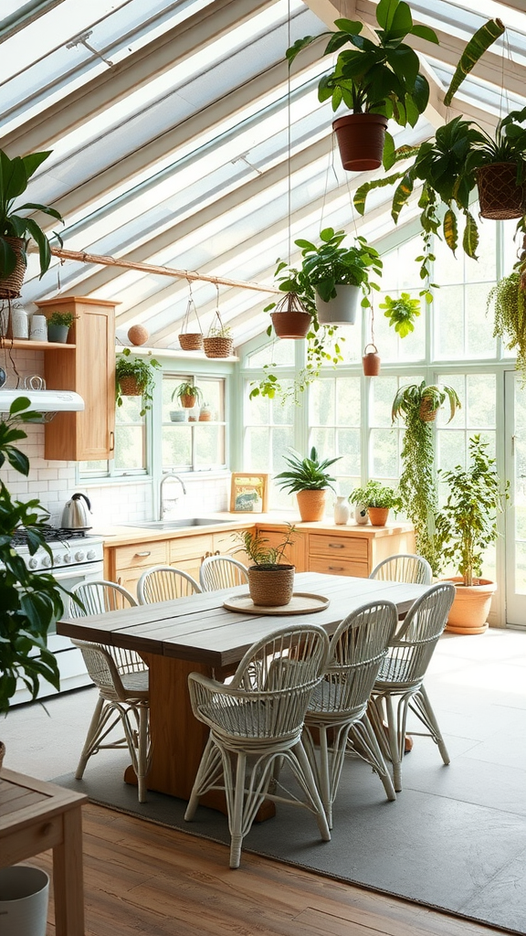 A greenhouse-inspired kitchen and dining room combo featuring large windows, wooden cabinets, and plenty of hanging plants.