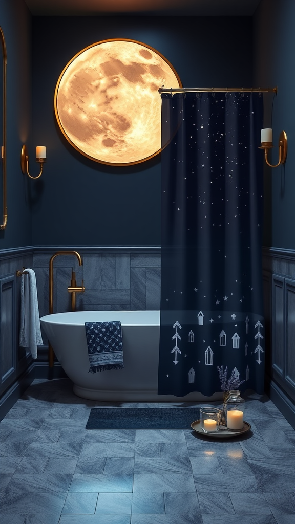 A cozy bathroom featuring a large moon decoration and a starry shower curtain.