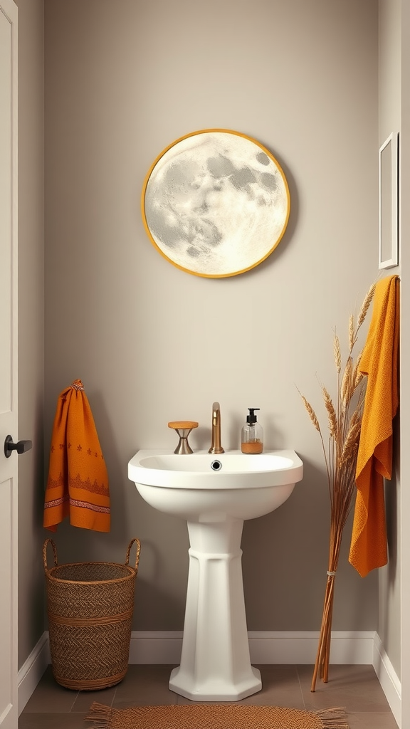 A cozy bathroom with a round moon mirror, orange towel, and pampas grass.