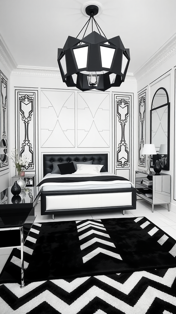 High-contrast Art Deco bedroom featuring black and white decor with geometric patterns.