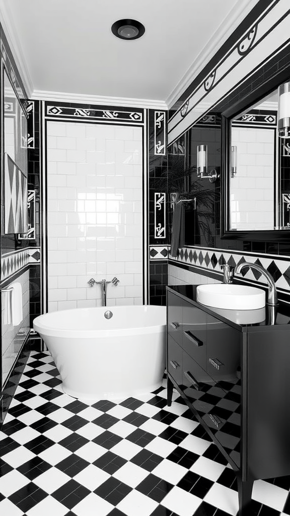 High-contrast black and white Art Deco bathroom featuring a sleek bathtub and checkered floor.