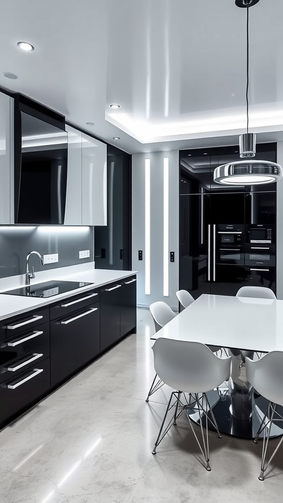 A high-tech modern kitchen and dining area featuring black cabinets, white countertops, and a sleek dining table with white chairs.