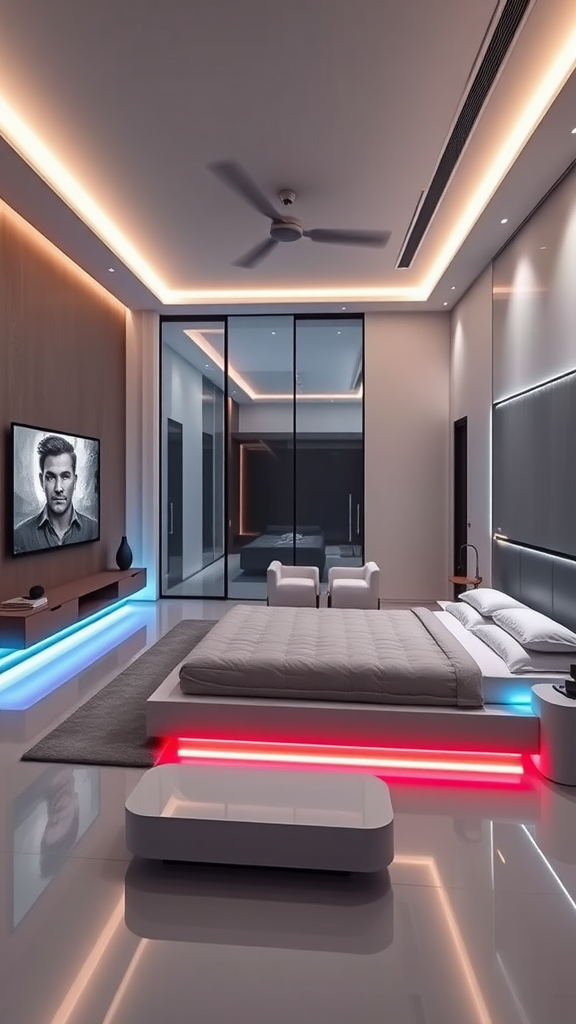 A modern living room-bedroom combo with LED lights, a bed, and a wall-mounted TV.