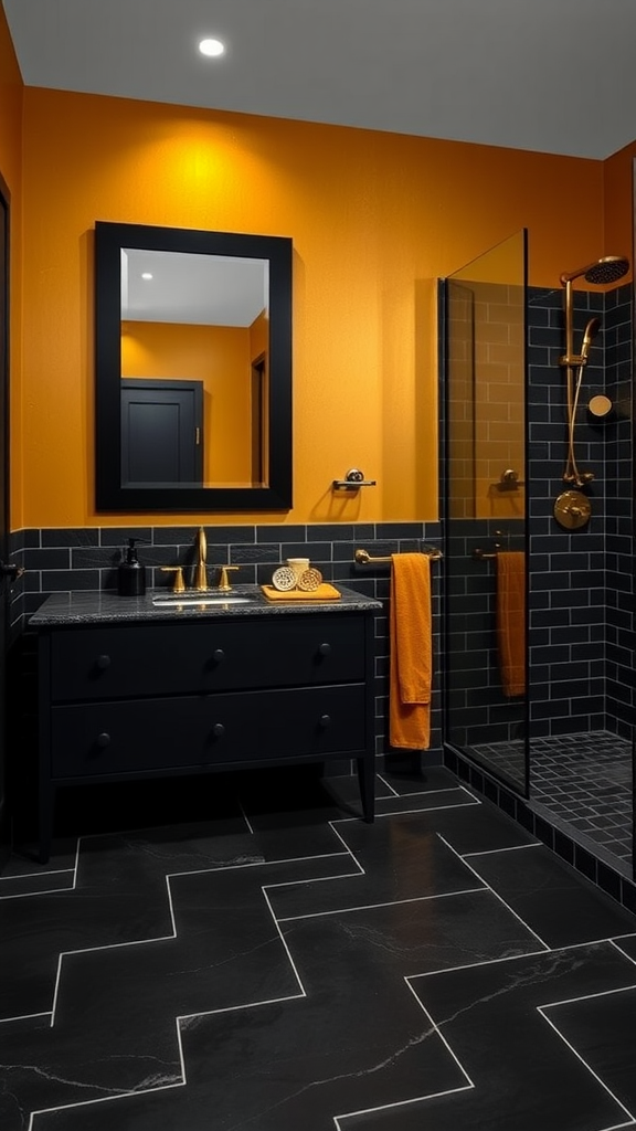 A modern bathroom with honey gold walls and black fixtures, featuring a sleek design.