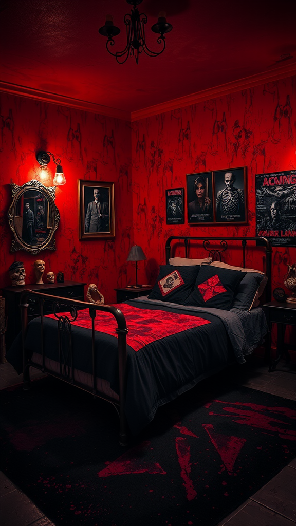 A horror-themed dark bedroom with red walls, vintage portraits, and creepy decor.