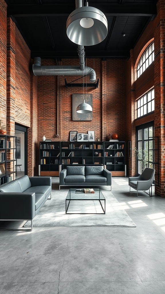 A modern industrial living room with exposed brick walls, sleek leather furniture, and large windows.