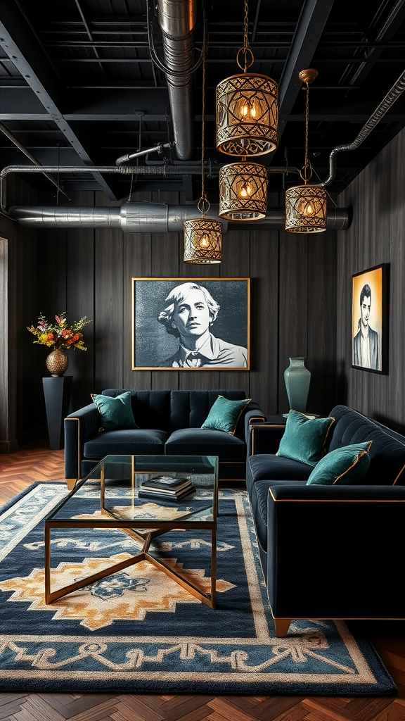 A stylish living room featuring a fusion of industrial and Art Deco design elements, with blue sofas, geometric patterns, and modern light fixtures.