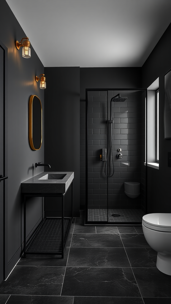 A modern industrial bathroom featuring black walls, brass fixtures, and a minimalist design.