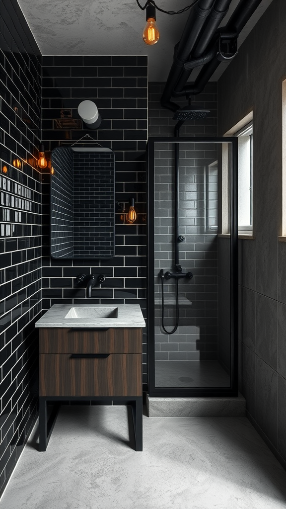 An industrial bathroom featuring black tile walls, a concrete floor, and warm lighting.