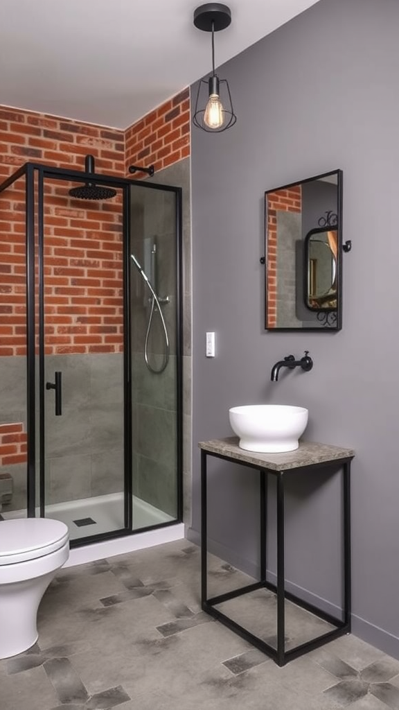 Industrial bathroom with a brick wall, glass shower, and modern fixtures