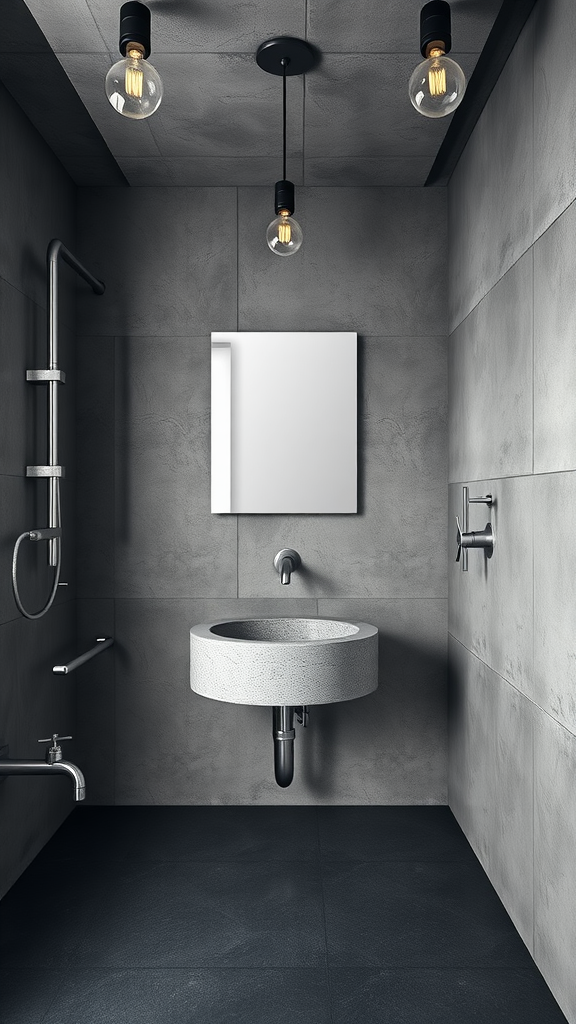 Industrial bathroom featuring concrete walls, a concrete sink, and metal light fixtures.