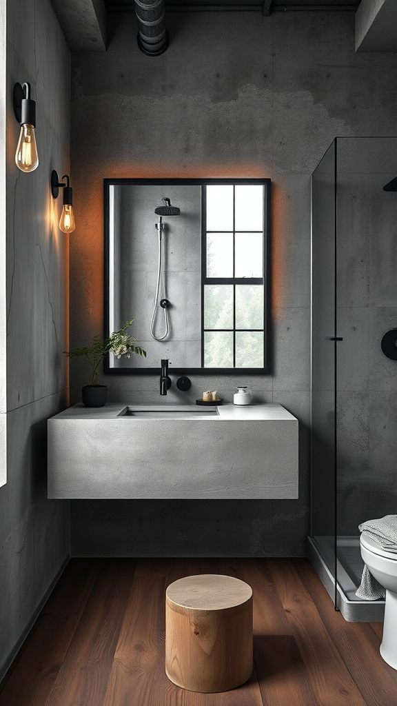 An industrial bathroom featuring concrete walls, a modern concrete vanity, and a wooden stool.