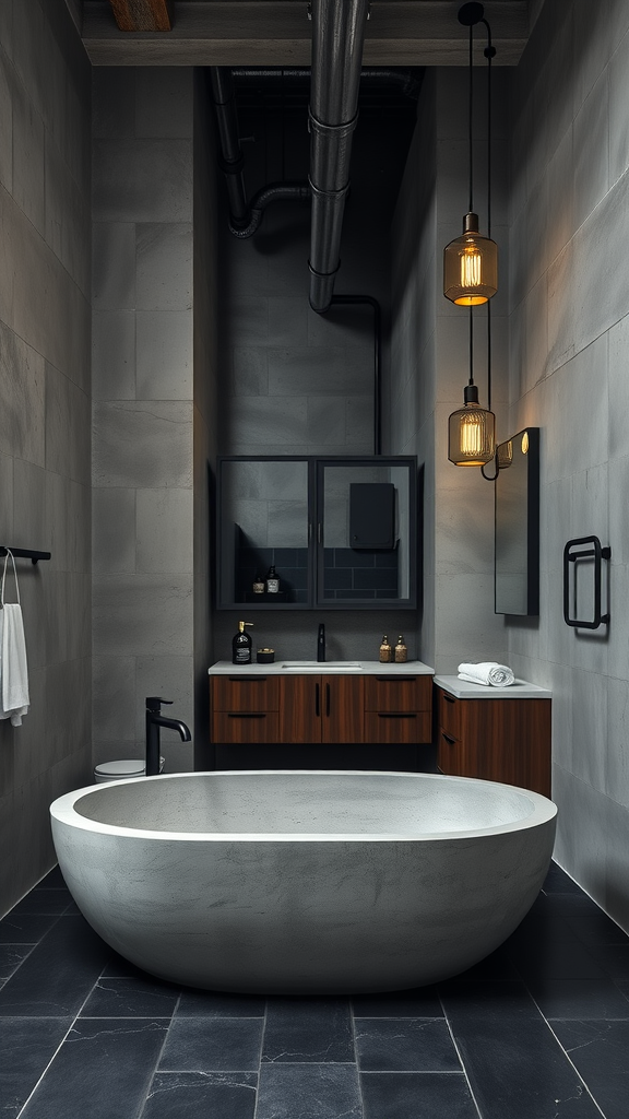 An industrial bathroom featuring a concrete tub, wooden cabinets, and stylish pendant lighting.