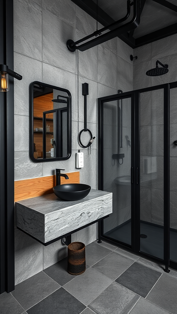 Industrial bathroom featuring dark steel and stone elements, with a floating sink and glass shower enclosure.