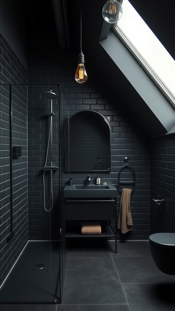 A modern industrial bathroom featuring dark tiles, a glass shower, stylish lighting, and a sleek vanity.