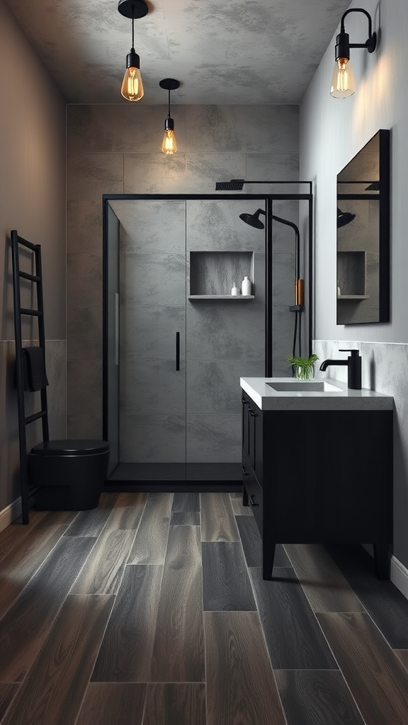 A modern industrial bathroom with dark wood flooring, concrete walls, and stylish fixtures.