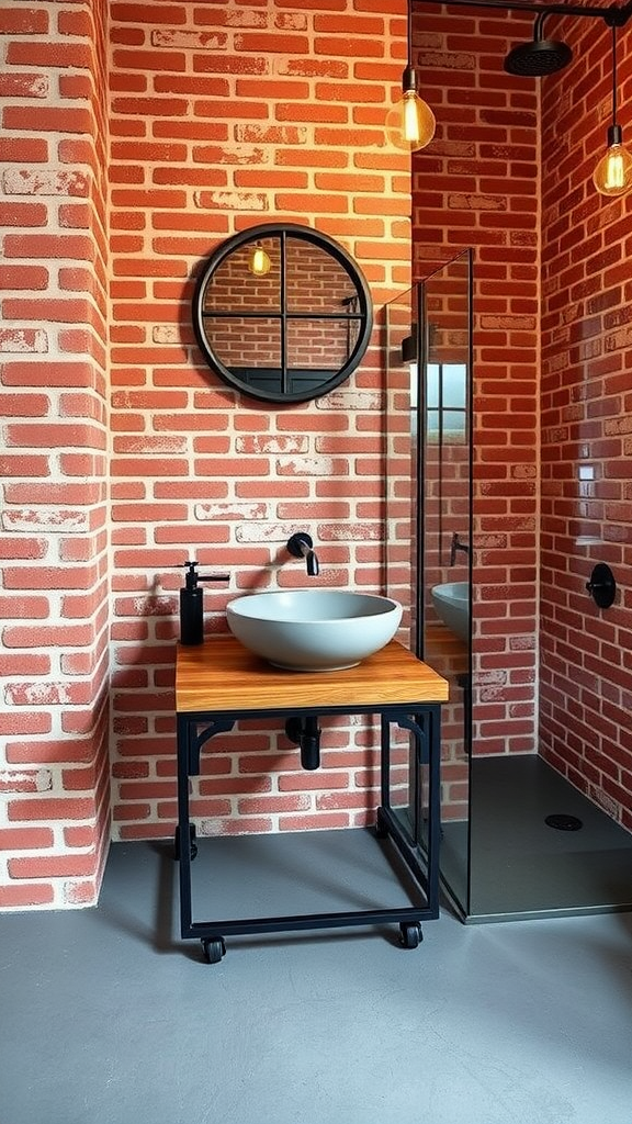 Industrial bathroom with exposed brick walls, concrete sink, and wooden base, featuring hanging bulbs and a mirror.