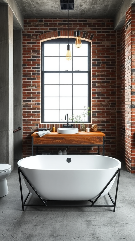 A modern industrial bathroom featuring exposed concrete columns, a freestanding white bathtub, and warm brick walls.