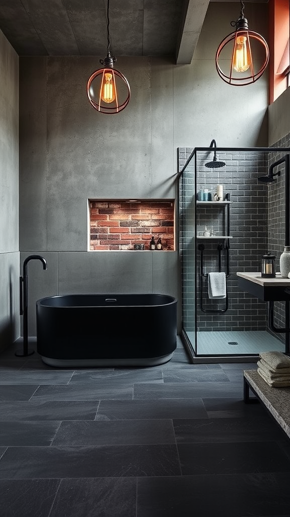 Industrial bathroom featuring an exposed steel tub against a brick wall.