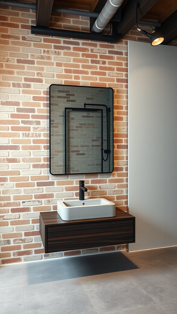 An industrial bathroom featuring a floating concrete sink and a textured brick wall.