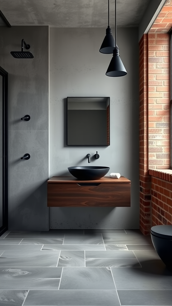 Industrial bathroom featuring a floating vanity, black fixtures, and a modern design