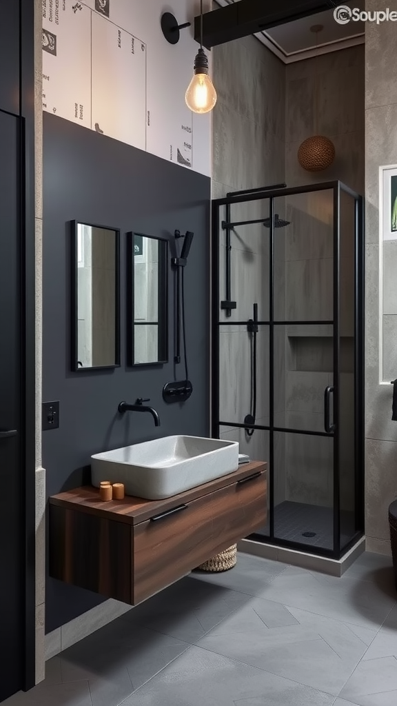 Industrial bathroom featuring a large concrete sink and dark cabinetry