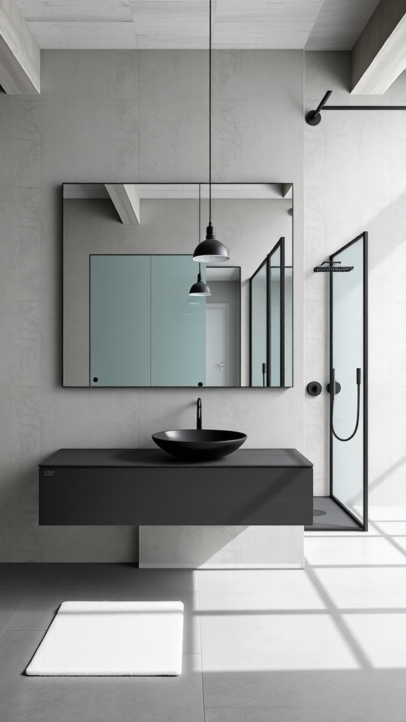 An industrial bathroom featuring a large frameless mirror, modern sink, and grey tiled surfaces.