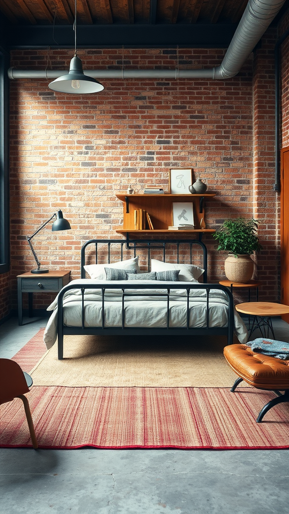 A cozy industrial bohemian loft bedroom with exposed brick walls, a metal bed frame, and warm decor.