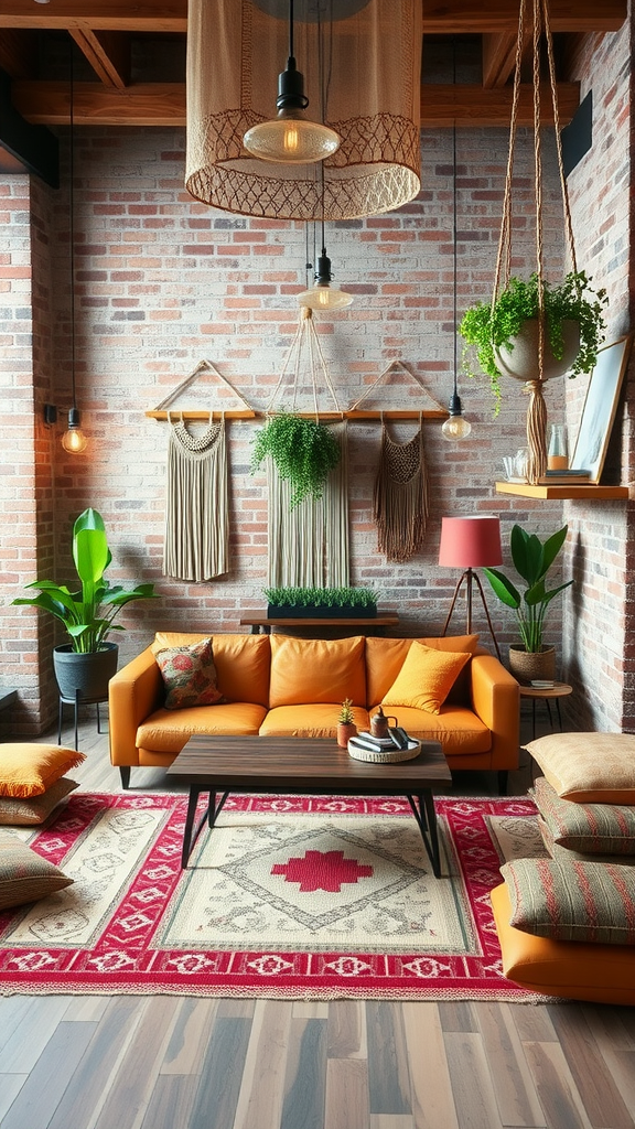 An industrial boho living room featuring a brick wall, orange sofa, plants, and a wooden coffee table