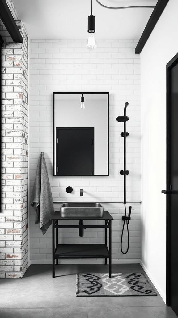 A minimalist industrial chic bathroom featuring a black metal sink, shower, and exposed brick wall.