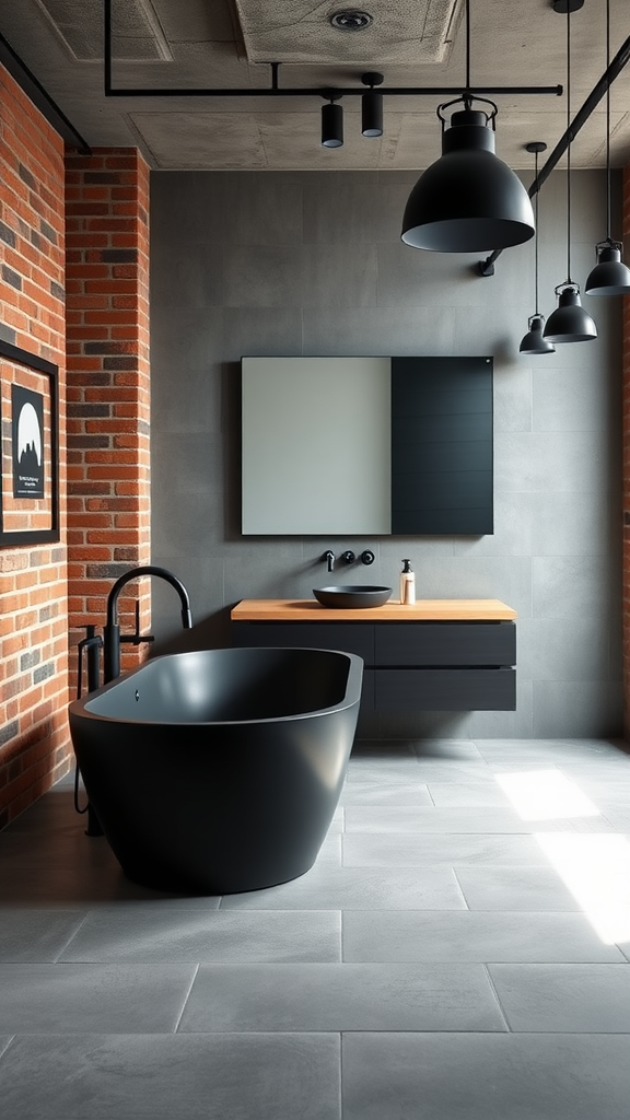 Industrial chic bathroom featuring black fixtures, a freestanding bathtub, wooden countertop, and brick wall.