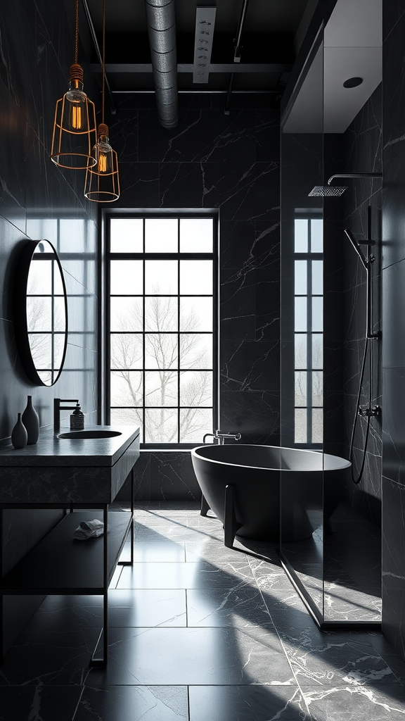 An industrial chic bathroom featuring black marble walls, a freestanding bathtub, and modern fixtures.