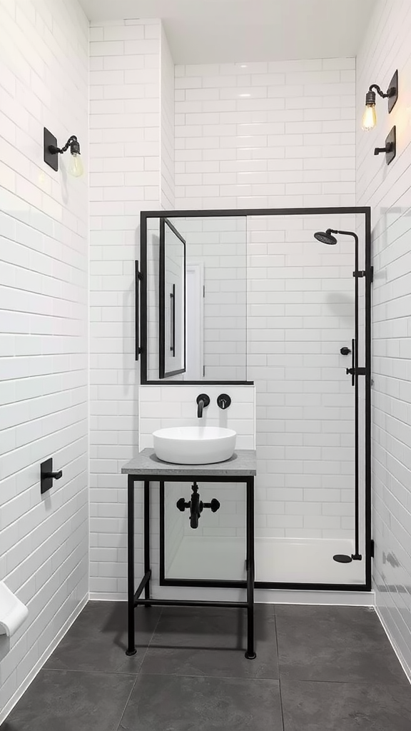 A stylish industrial bathroom featuring white subway tiles, black fixtures, and a modern freestanding basin.