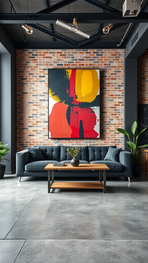 A stylish industrial living room featuring a large colorful abstract art piece on a brick wall.