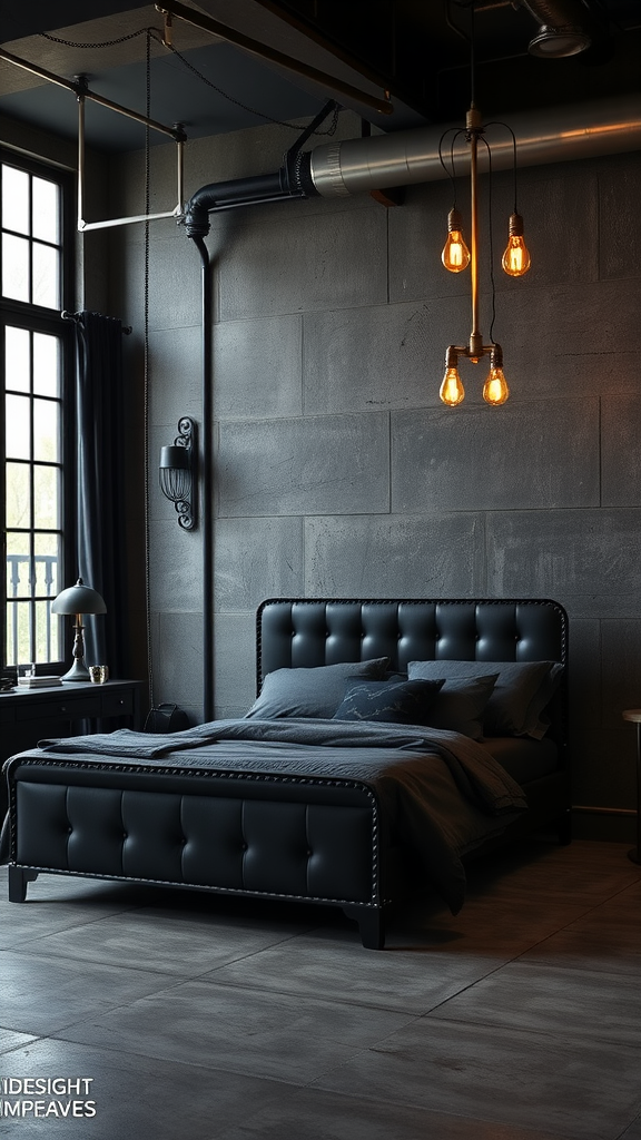 A stylish industrial dark bedroom with a black bed, exposed pipes, and Edison light bulbs.