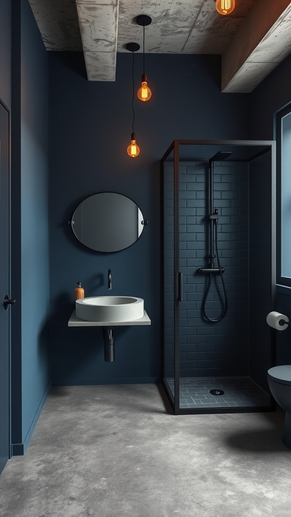 A modern industrial dark blue bathroom with a concrete ceiling and sleek fixtures.