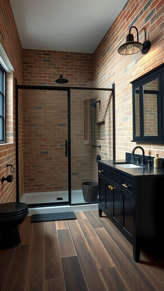 A modern industrial farmhouse bathroom featuring exposed brick walls, a glass shower enclosure, a dark wood floor, and sleek black fixtures.