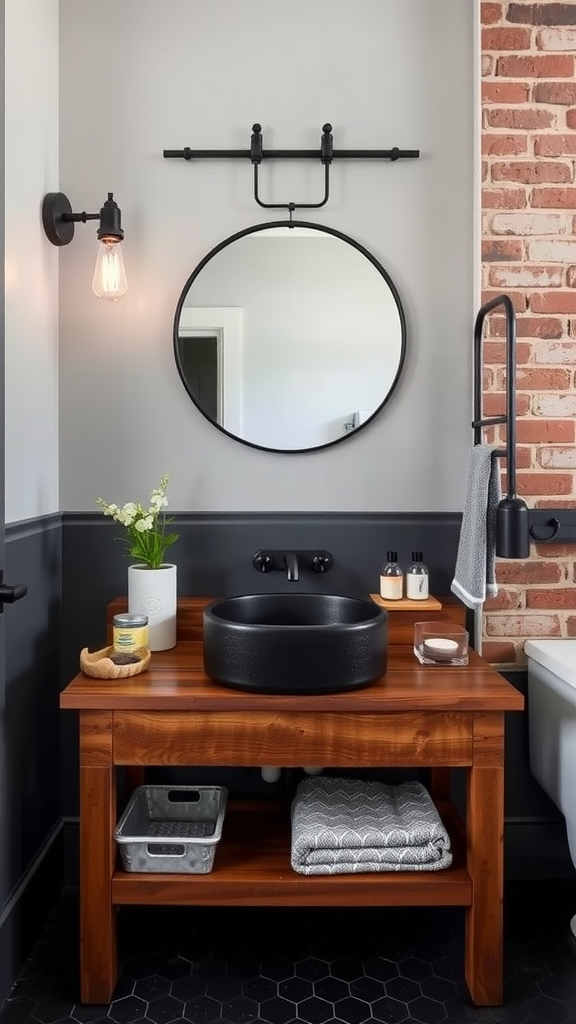 Industrial farmhouse bathroom featuring a black cast iron sink, wooden vanity, brick wall, round mirror, and hexagonal floor tiles.