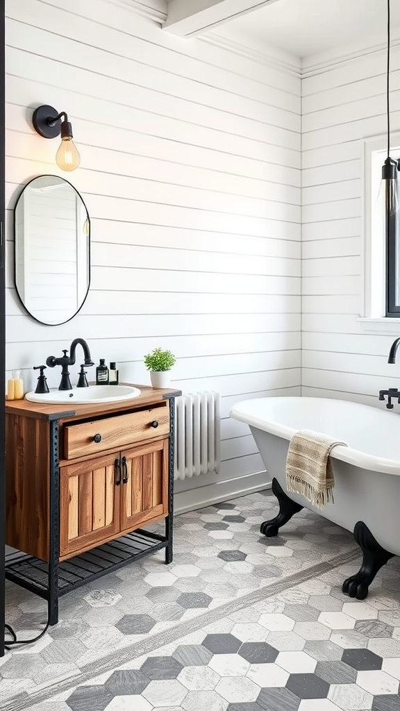 An industrial farmhouse bathroom featuring shiplap walls, a wooden and metal vanity, a vintage bathtub, and hexagonal floor tiles.