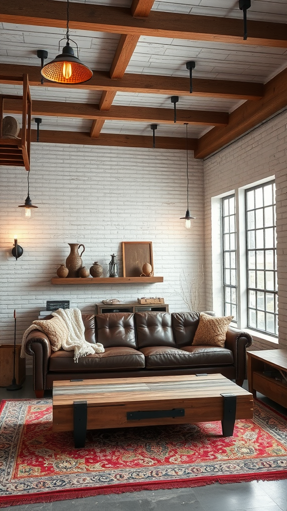 Cozy living room with brown leather couch, wooden coffee table, and exposed beams