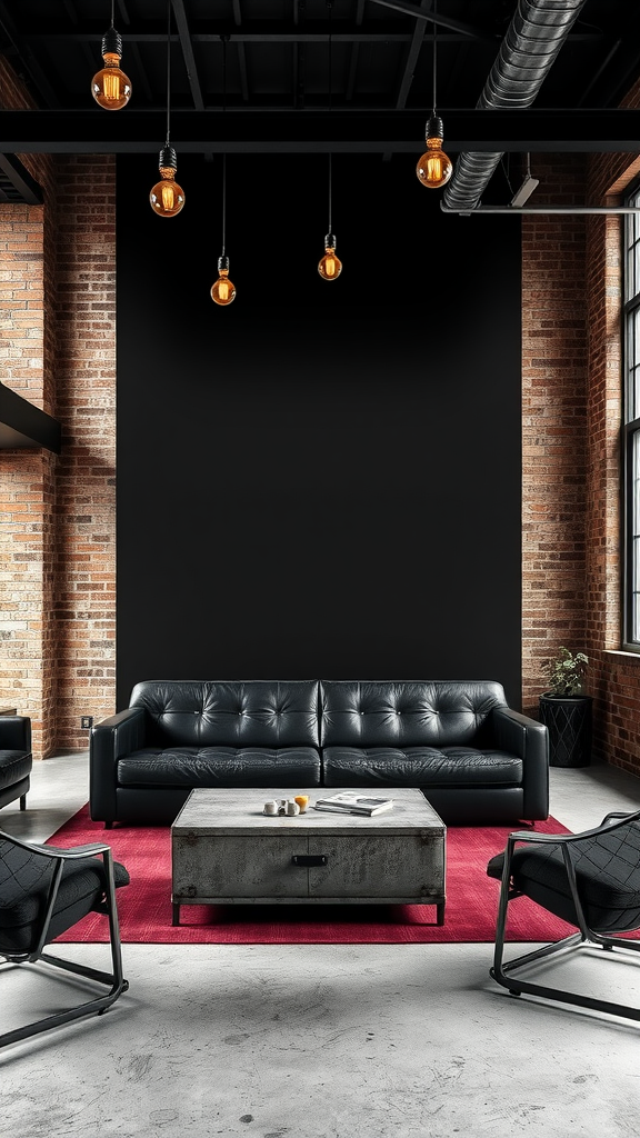 Industrial living room featuring a bold black wall, black leather sofa, and exposed brick.