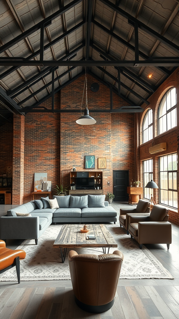 A spacious industrial living room with high-pitched roof, brick walls, large windows, and modern furniture.